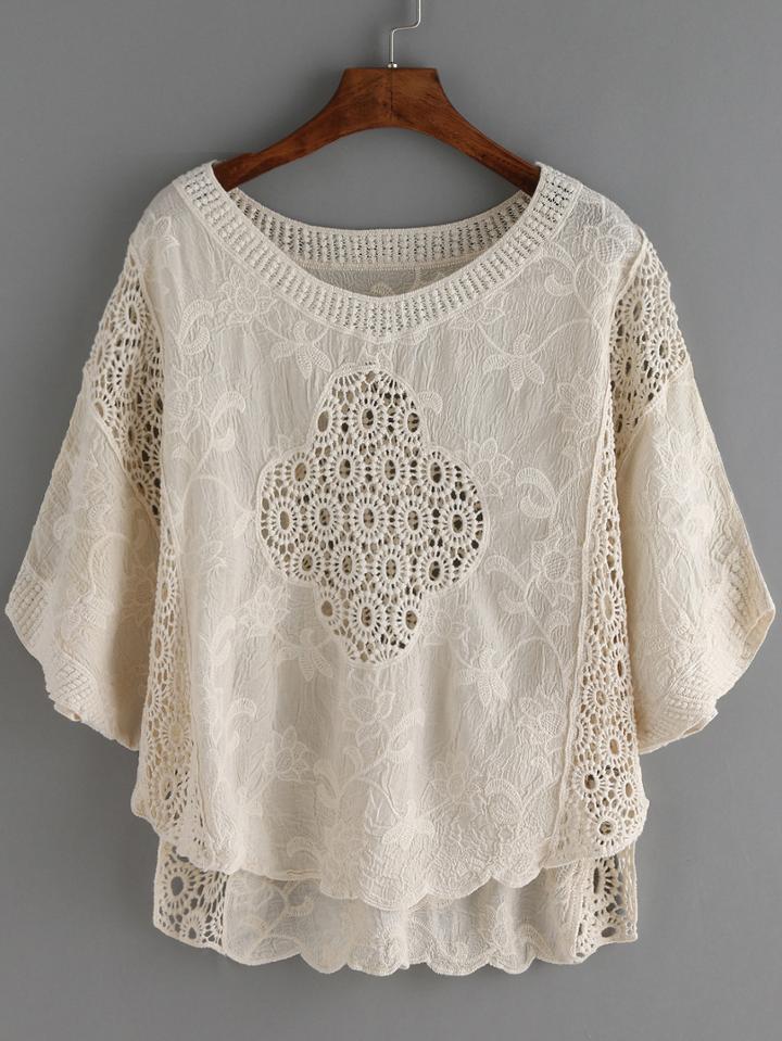 Romwe Crochet Hollow High Low Blouse