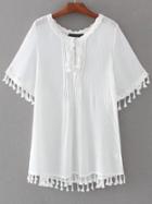 Romwe White Lace Trim Fringe Detail Dress