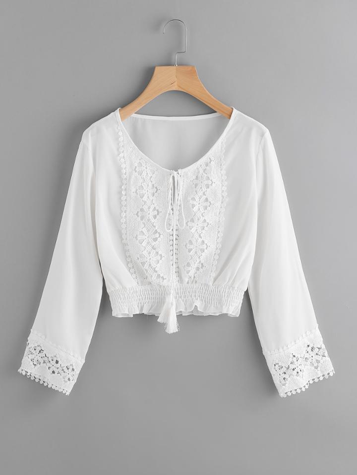 Romwe Lace Panel Self Tie Shirred Hem Top