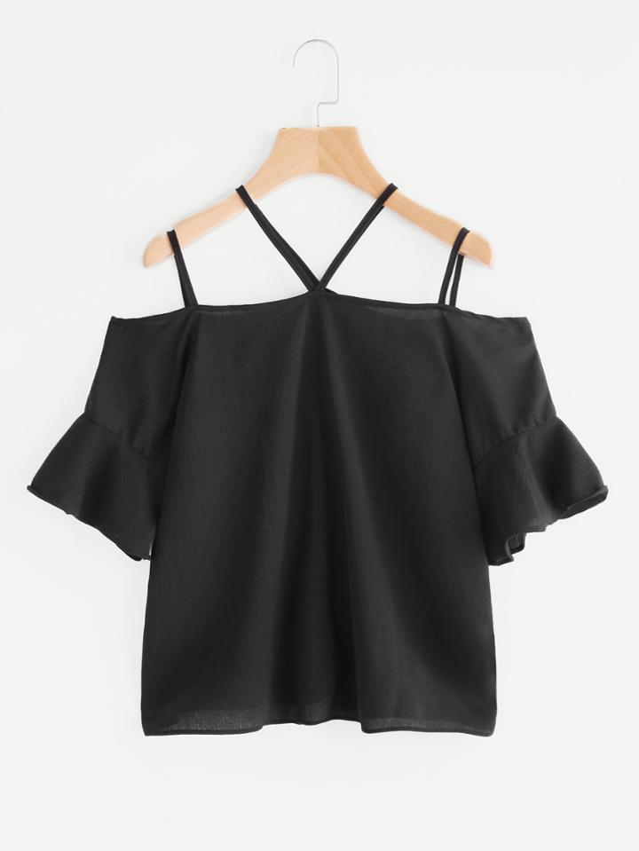 Romwe Open Shoulder Fluted Sleeve Strappy Blouse