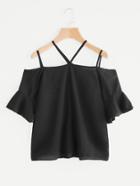 Romwe Open Shoulder Fluted Sleeve Strappy Blouse