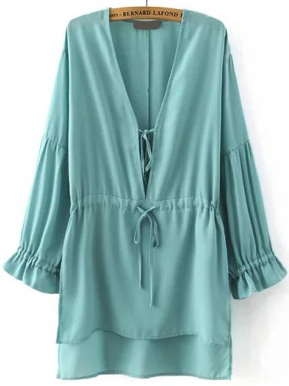 Romwe V Neck Dip Hem Chiffon Blue Blouse