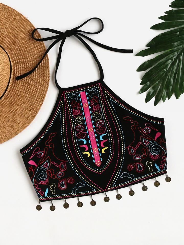 Romwe Tribal Print Coin Fringe Detail Halter Top