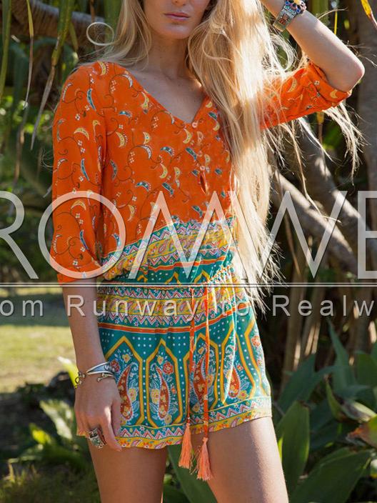 Romwe Orange Long Sleeve Vintage Print Playsuit