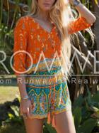 Romwe Orange Long Sleeve Vintage Print Playsuit