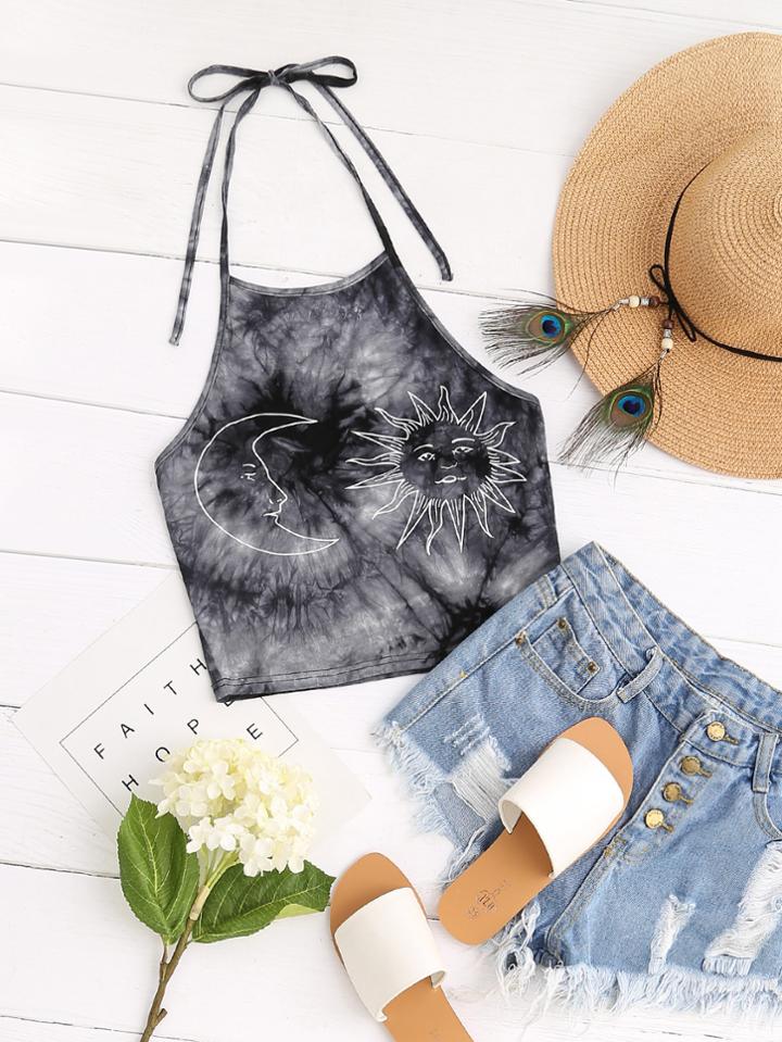 Romwe Sun And Moon Print Tie Dye Halter Top