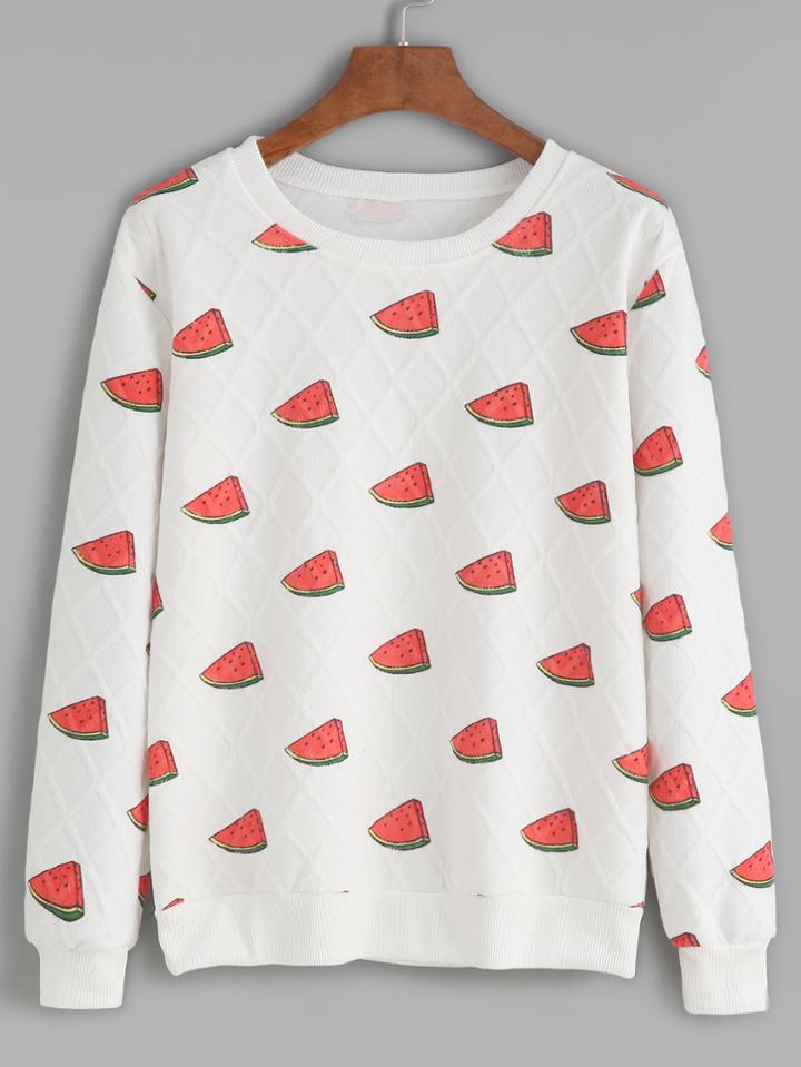 Romwe White Watermelon Print Quilted Sweatshirt