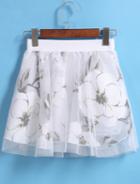Romwe Elastic Waist Florals Mesh White Skirt
