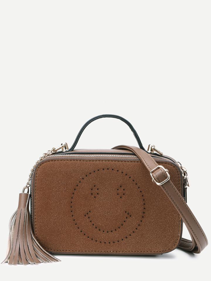 Romwe Brown Tassel Trim Laser Cutout Smiley Square Crossbody Bag