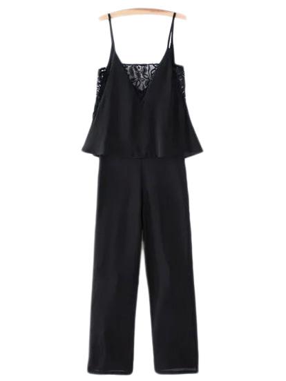 Romwe Black Lace Splicing Chiffon Spaghetti Strap Jumpsuit