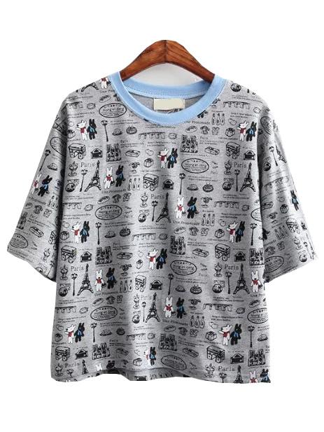 Romwe Rabbit Print Grey T-shirt