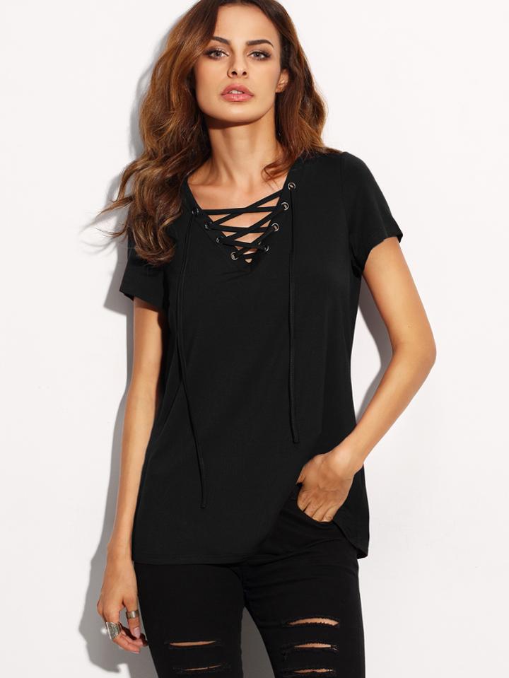 Romwe Black Lace Up V Neck T-shirt