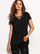 Romwe Black Lace Up V Neck T-shirt