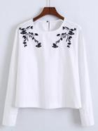 Romwe White Buttoned Keyhole Back And Cuff Embroidered Blouse