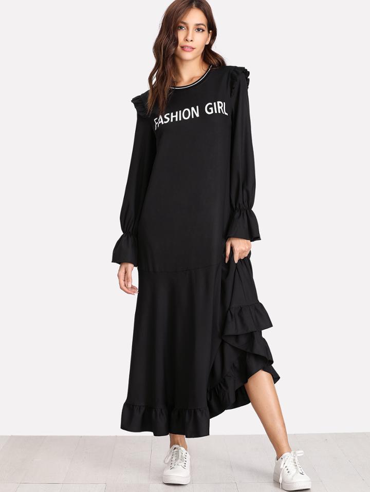 Romwe Letter Print Ruffle Embellished Dress