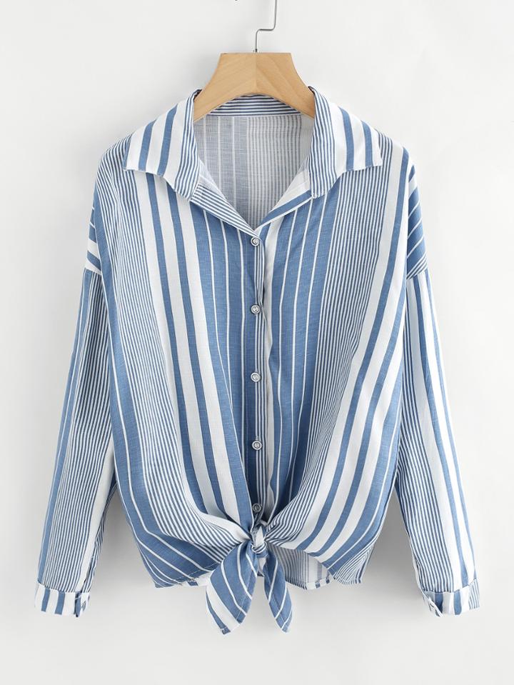 Romwe Drop Shoulder Knot Front Striped Shirt