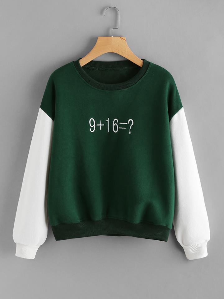 Romwe Contrast Sleeve Number Embroidered Sweatshirt