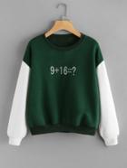 Romwe Contrast Sleeve Number Embroidered Sweatshirt