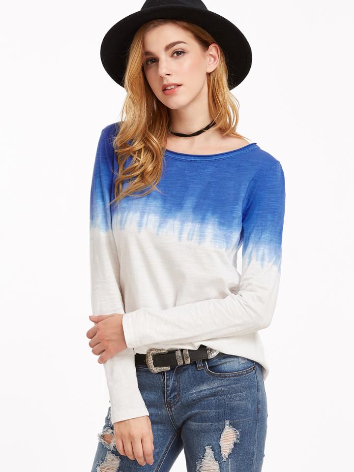 Romwe Blue Ombre Long Sleeve Slub T-shirt