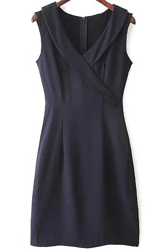 Romwe V Neck Sleeveless Slim Navy Dress