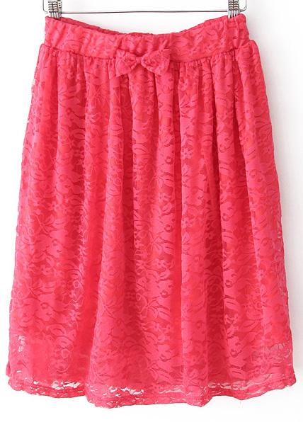 Romwe Red Bow Pleated Lace Skirt