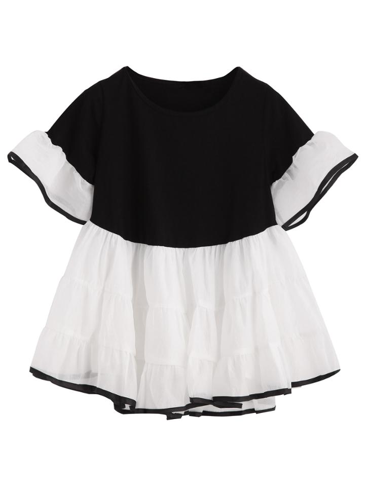 Romwe Black Contrast Peplum Ruffle Blouse