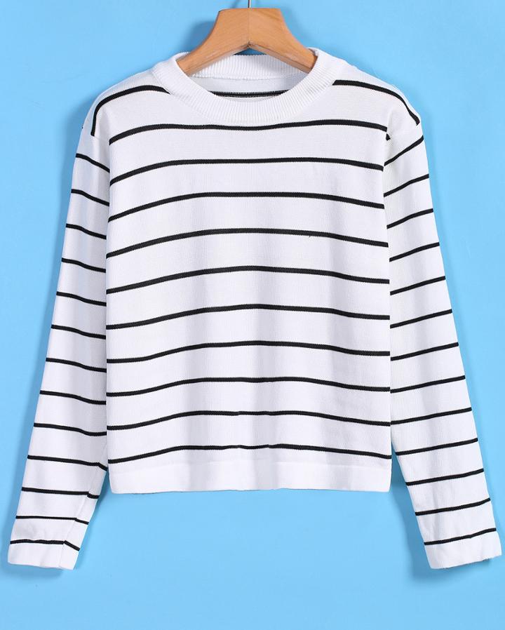 Romwe Striped Crop Knit Sweater