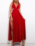 Romwe Red Deep V-neck Sleeveless Split Maxi Dress