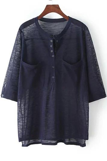 Romwe With Pockets Dip Hem Navy Sweater