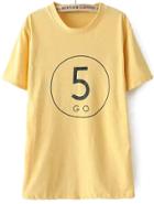Romwe Round Neck Five Print Yellow T-shirt