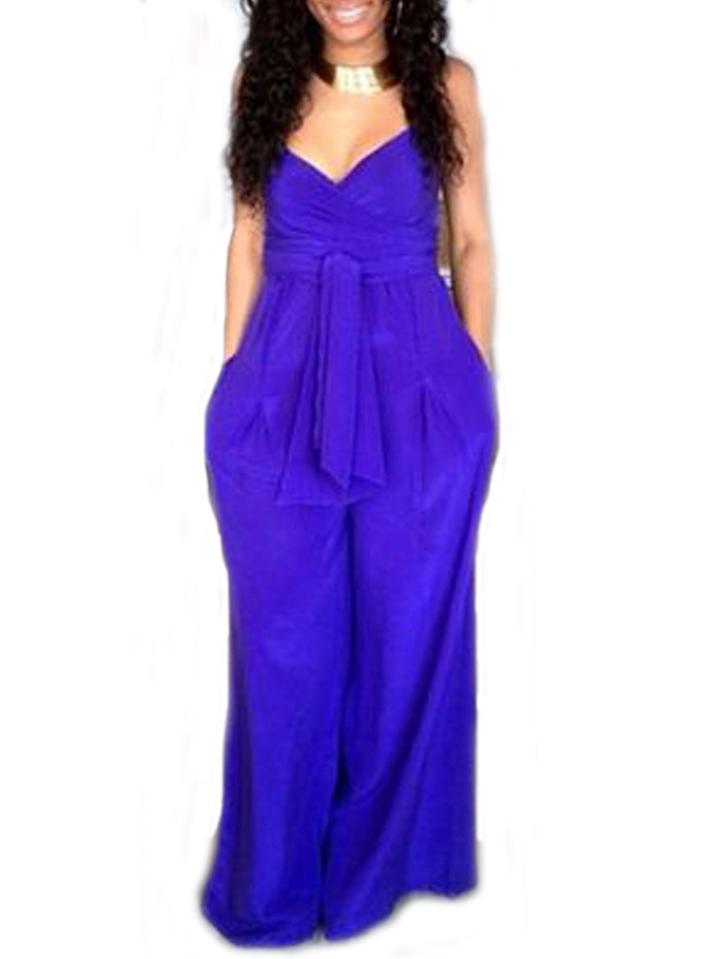 Romwe Purple Self-tie Wide Leg Cami Jumpsuit
