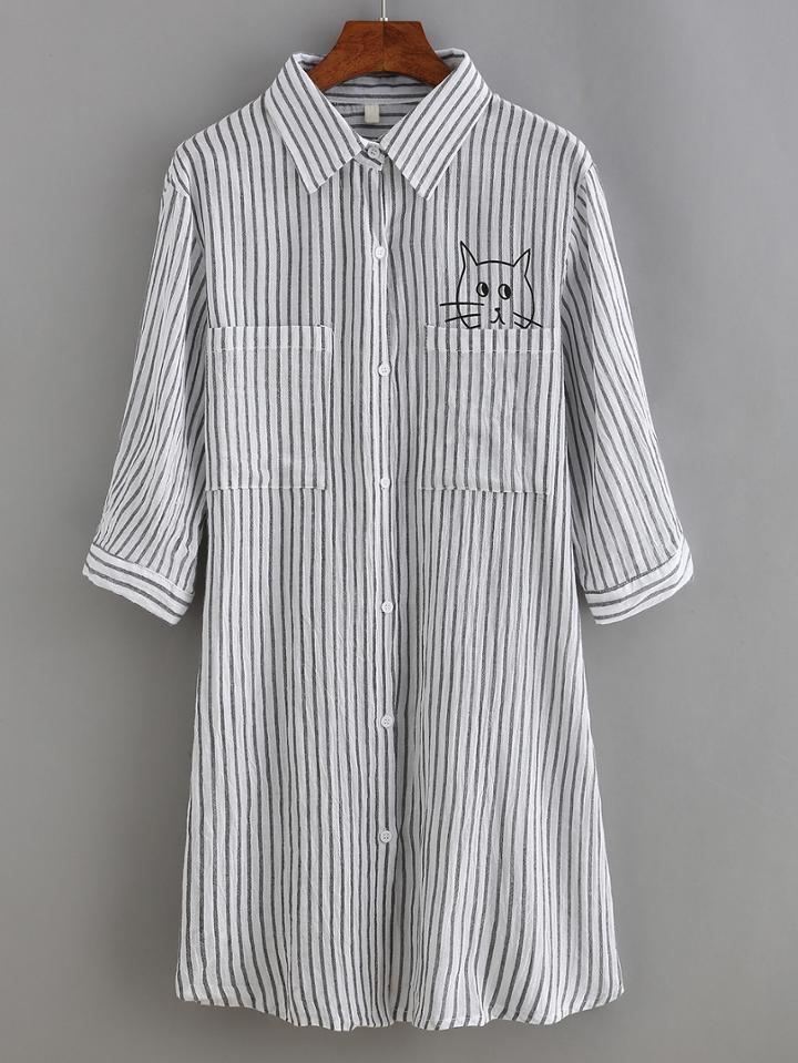 Romwe Cat Print Vertical Striped Shirt Dress