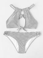 Romwe Striped Print Braided Strap Keyhole Bikini Set