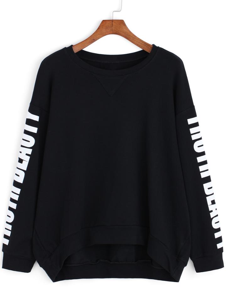 Romwe Dip Hem Letter Print Sweatshirt