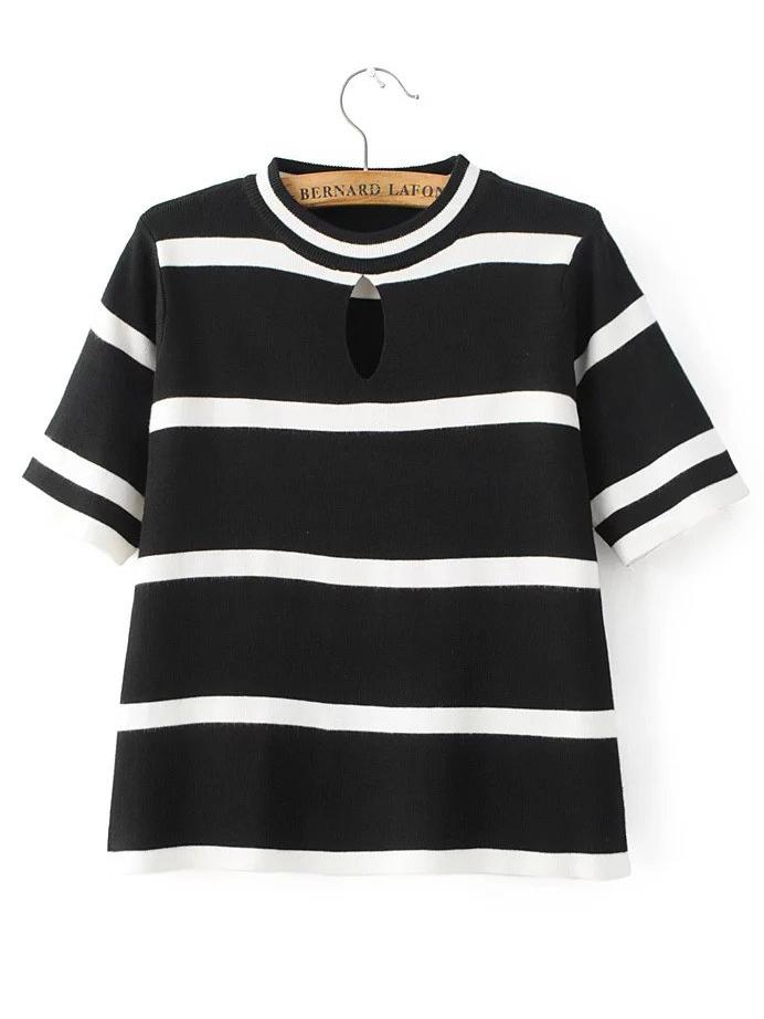 Romwe Black Striped Short Sleeve Keyhole Knitwear