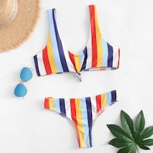 Romwe Knot Front Striped Top With High Leg Bikini