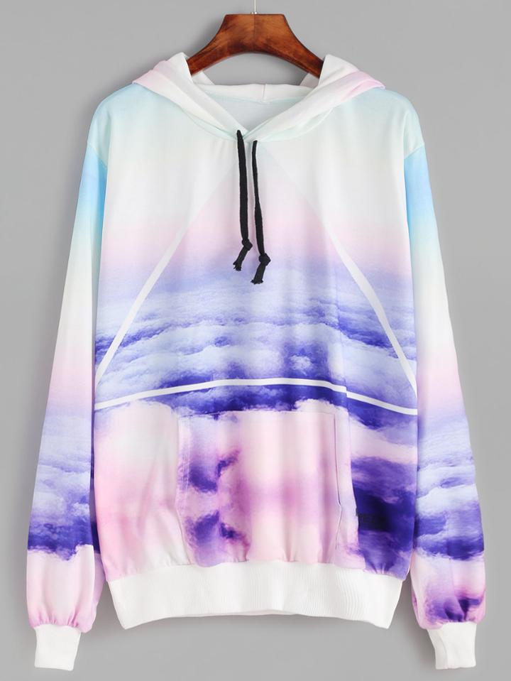 Romwe Cloud And Triangle Print Hooded Pocket Sweatshirt