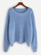 Romwe Blue Dropped Shoulder Seam Wave Hem Sweater