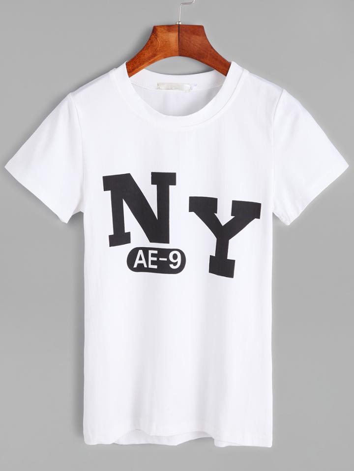 Romwe White Letter Print Short Sleeve T-shirt