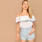 Romwe Ruffle Detail Tassel Bardot Top