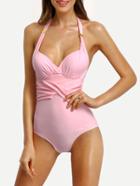 Romwe Halter Cross Wrap One-piece Swimwear - Pink