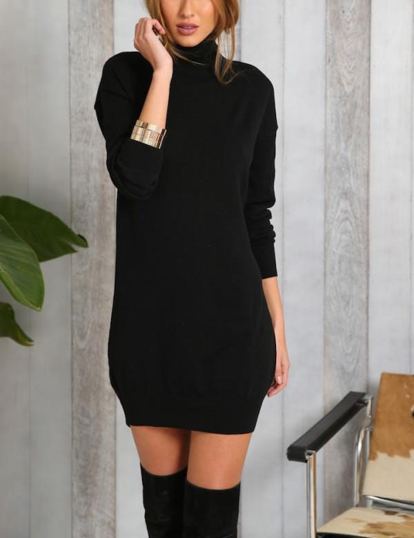 Romwe Black High Neck Long Sleeve Dress