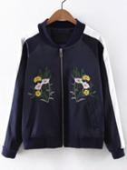 Romwe Multicolor Pockets Flowers Embroidery Jacket