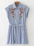 Romwe Flower Embroidery Pinstripe Shirt Dress With Self Tie