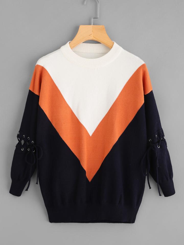 Romwe Eyelet Lace Up Sleeve Chevron Sweater