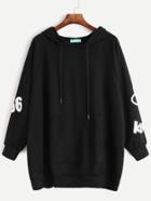 Romwe Black Print Raglan Sleeve Pocket Hooded Sweatshirt