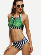 Romwe Multicolor Printed Zip Front Halter Neck Bikini Set