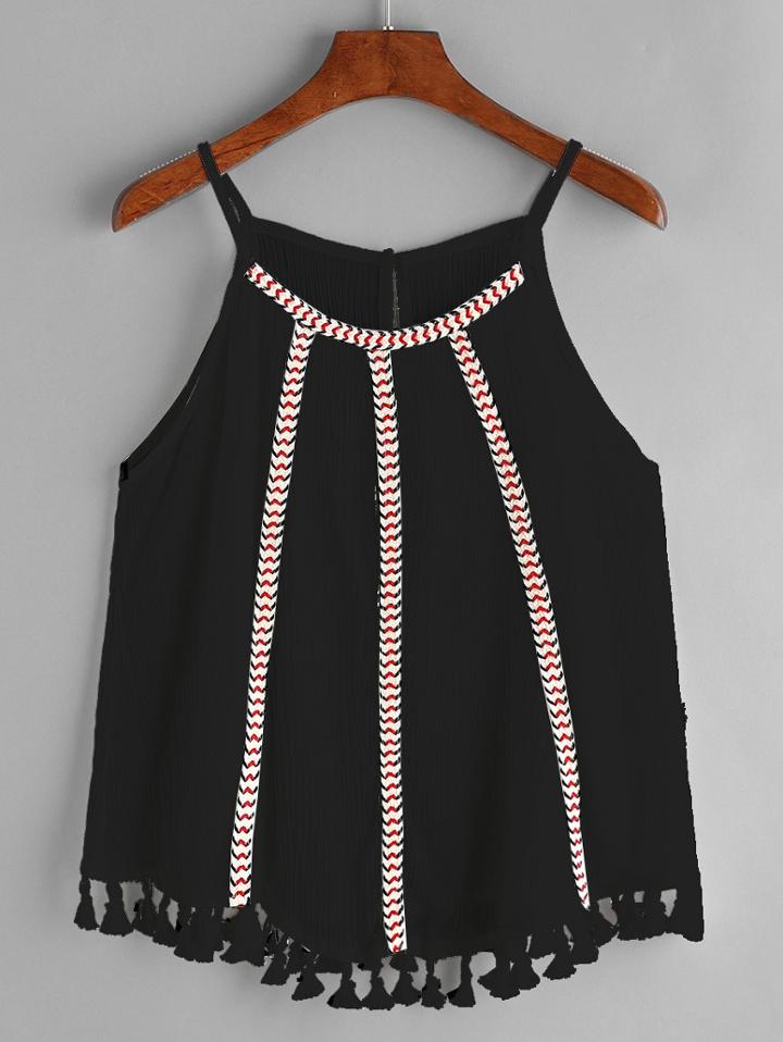 Romwe Embroidered Tape Detail Tassel Hem Cami Top