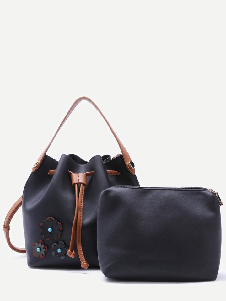 Romwe Black Pu Floral Patch Drawstring Bucket Bag With Clutch