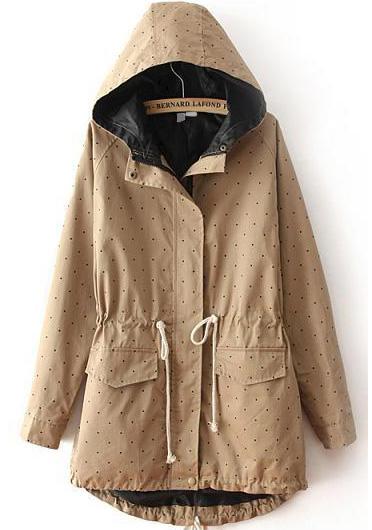 Romwe Hooded Polka Dot Drawstring Khaki Coat